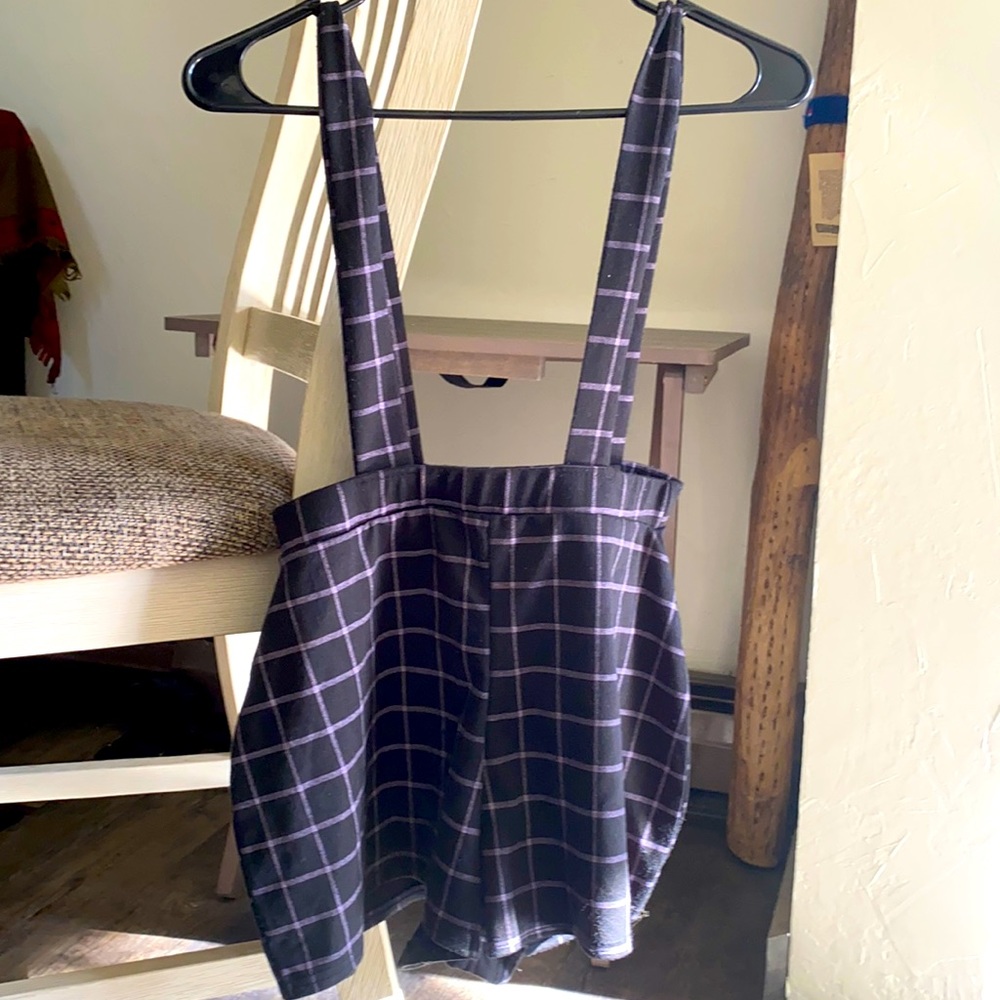 Boohoo Overalls: Black and Purple lined overalls. (Recommend for shorter torso).